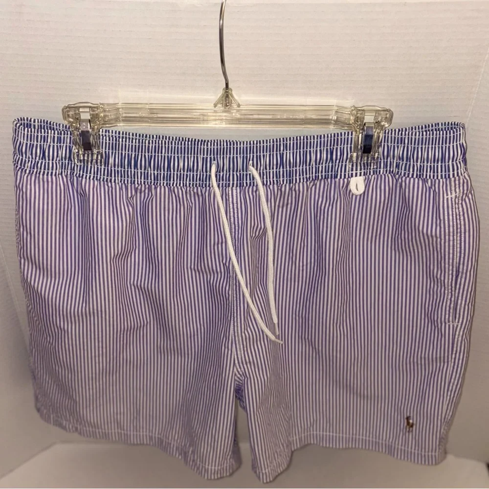 Ralph Lauren Men’s Draw String Swim Trunk Lavender & contrasting Blue stripe L
